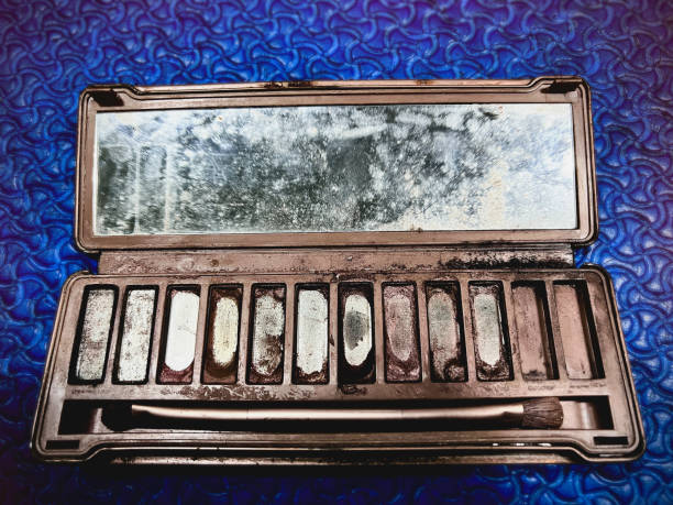 Used eyeshadow box,disorganized color palette and dirty,blurry light around.