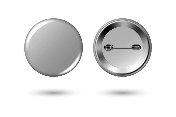 istock Silver gray badge mockup. Round badge button brooch. Realistic grey blank glossy round button badge pin with metal back cover. Vector illustration. 2162259193