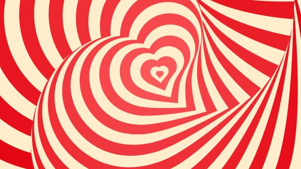 Psychedelic heart tunnel, vector love background Psychedelic heart tunnel, vector love background with distorted red and white shapes create hypnotic effect. Abstract swirled and twisted pattern symbolizes romance and passion for Valentines holiday illusion pattern circle image created 1960s stock illustrations