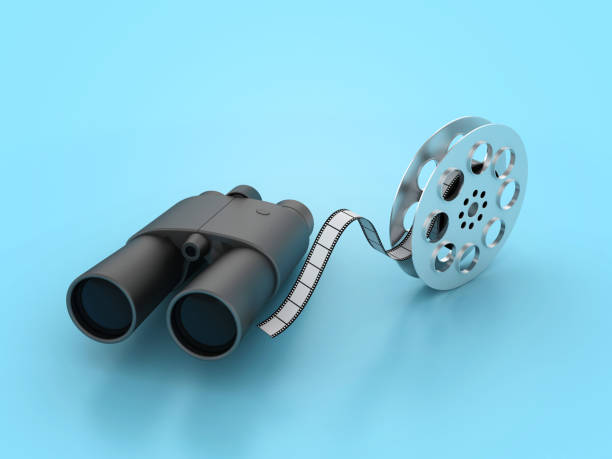 3D Binoculars with Movie Reel - Colored Background - 3D Rendering