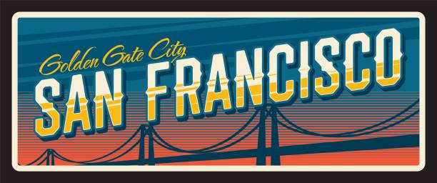 San Francisco american plaque, USA travel plate, Golden gate city. USA journey vintage plaque, United States of America vector tin sign with Golden Gate Bridge. City and County of San Francisco