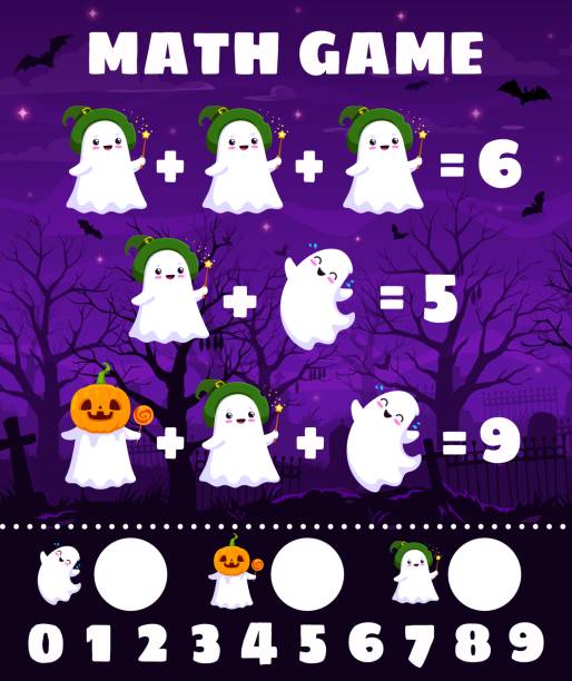 Halloween math game, cute kawaii ghost characters Halloween math game with cute kawaii ghost characters on cemetery, vector worksheet. Kids mathematical quiz and education puzzle or math game for counting and calculation of Halloween boo ghosts negative numbers worksheet stock illustrations