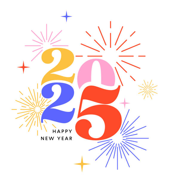 ilustraciones, imágenes clip art, dibujos animados e iconos de stock de diseño de tarjeta de fuegos artificiales 2025. logotipo colorido de los números de año nuevo - 2025