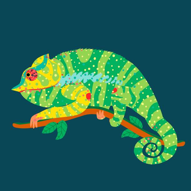 istock A vibrant, colorful chameleon with green, yellow, and blue stripes and spots, perched on a branch. 2162265445