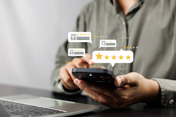 istock Online customer satisfaction Survey service concept, client rate service from experience in application,Consumer give five-Stars and feedback review for quality, Business reputation ranking from buyer 2162269101