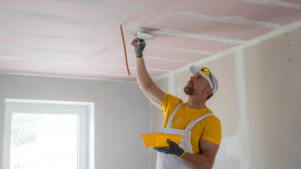 istock The worker make a plasterboard ceiling. He does taping plaster drywall ceiling joints. A red plasterboard improve the fire resistance of ceiling structures. 2162269279