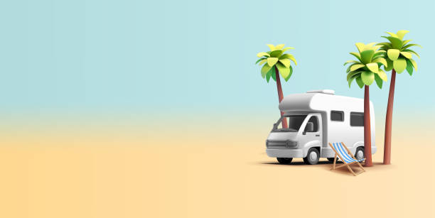 istock White camper, mobile home, palm trees, beach chair, 3D. Banner for travel and leisure concepts. Vector 2162272633