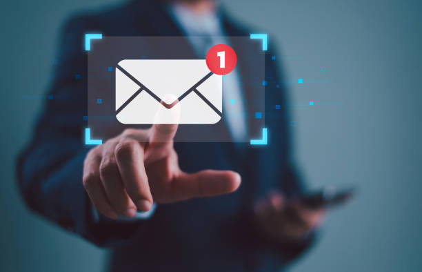 istock Email campaign alert concept. New email send notification for business e-mail communication. Digital marketing, internet technology. Inbox receives electronic message invite. Man touch on newsletter. 2162274996