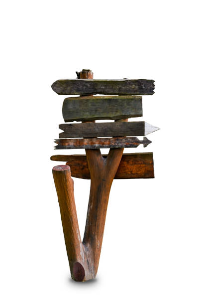 Old wooden road direction sign with isolated on white background with clipping path.