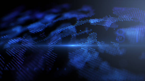 istock Abstract background. Neon blue cyber digital map of the world. Hacker glowing tech background. Blurred texture tech background. Scientific calculations of numbers. Intro background made of dots 2162276419