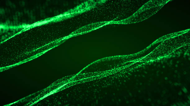 istock Abstract green waves on a dark background. Smooth movement of liquid smooth shape. Water texture surface made of glowing light green particles. Futuristic soft digital data flow. Graphic symmetrical l 2162276526