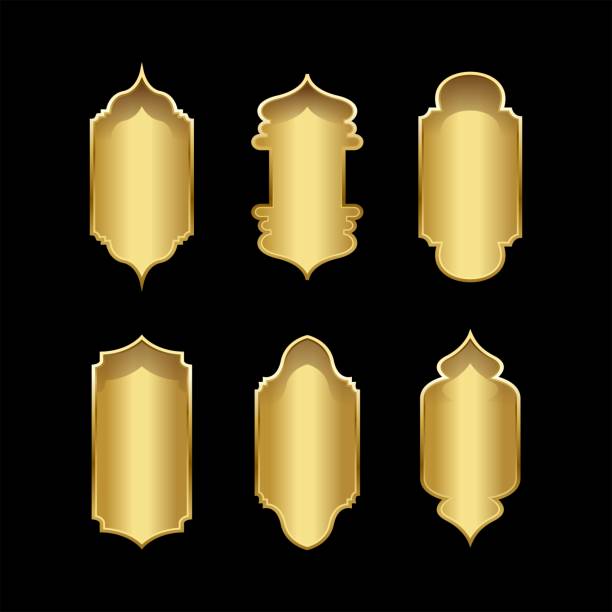 istock Set of realistic golden frames in arabic style. Traditional islamic 3d shape. Ramadan kareem frames with transparent background 2162277452