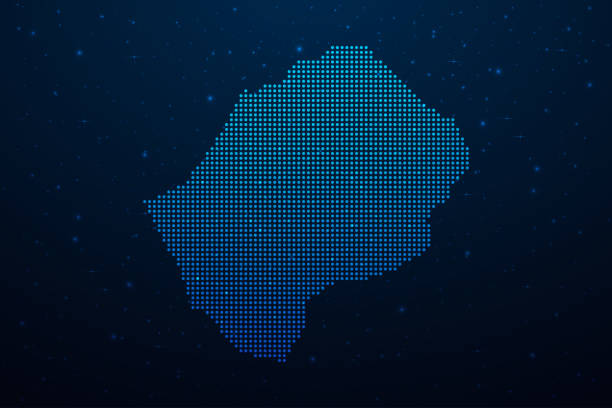 illustrations, cliparts, dessins animés et icônes de carte pointillée du lesotho dans un style futuriste, contour lumineux fait d’étoiles, de lignes, de points. communication, concept de technologie internet sur fond bleu foncé - lesotho