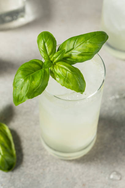 Boozy Cold Basil Highball Cocktail Boozy Cold Basil Highball Cocktail with Gin and Lime lime basil plant stock pictures, royalty-free photos & images