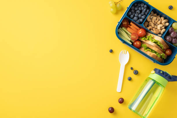 istock Lunchbox with healthy snacks including sandwich, cherry tomatoes, nuts, and berries alongside a water bottle on a yellow background 2162287960