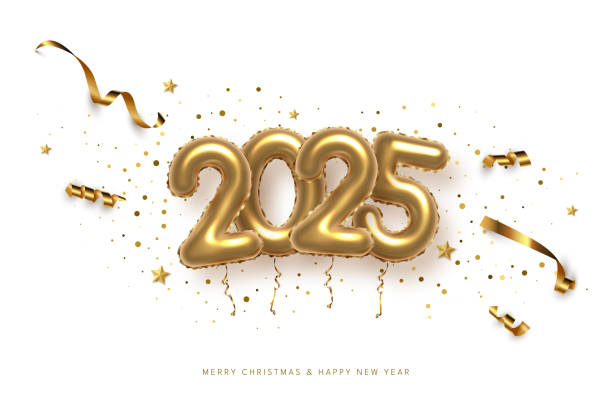 istock 2025 balloon numbers on New Year greeting card vector template. Festive Christmas social media banner design with congratulations. Golden numbers with confetti illustration on black background 2162291465