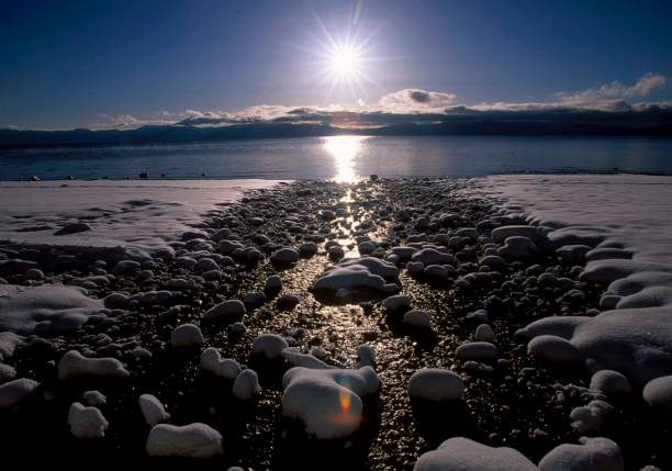 Arctic landscape in winter at sunset.