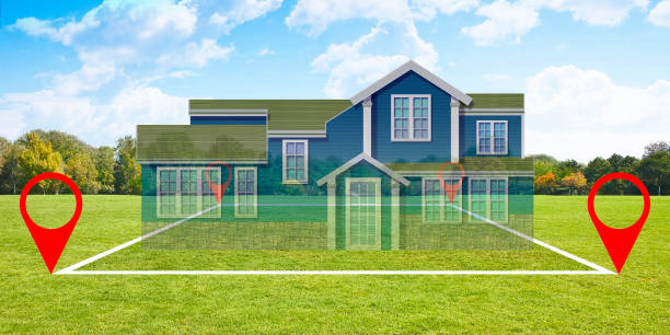 istock LAND PLOT MANAGEMENT - Real estate concept with a vacant land and cadastral parcel available for building activity and construction industry with American style residential home 2162295784