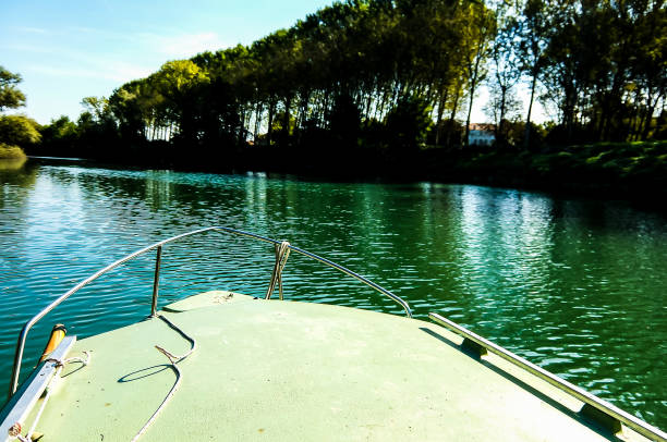 A boat is on a river with trees in the background. The water is calm and the boat is moving slowly