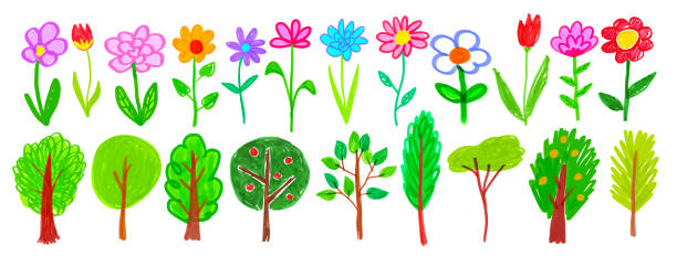 istock Child drawings of flowers and trees 2162300933