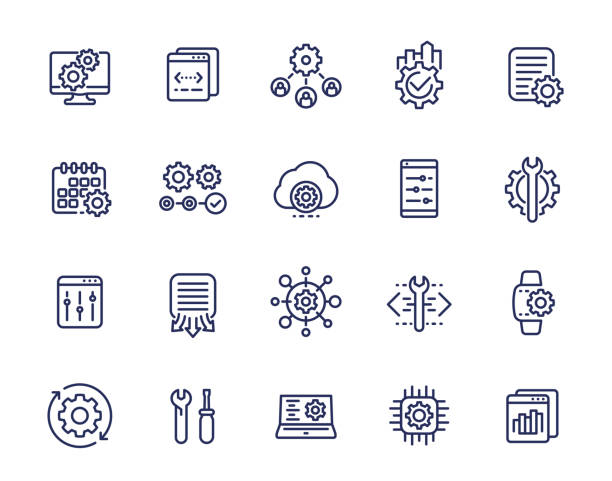 development, operation, hardware and protocols line icons set development, operation, hardware and protocols line icons set moving company icons stock illustrations
