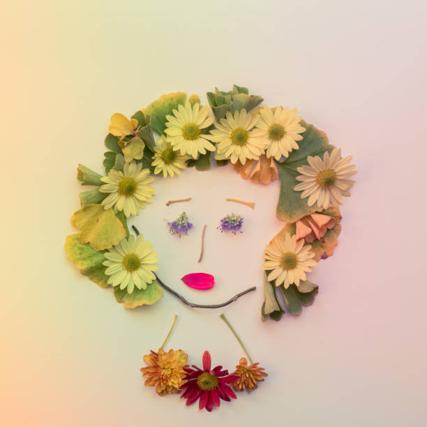 orange, red and yellow flowers and leaves in composition of woman head, diy ideas, isolated, creative ideas for children and adults for autumn