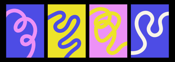 illustrations, cliparts, dessins animés et icônes de fond minimaliste abstrait ludique avec ligne ondulée. affiche avec une bande bouclée organique courbée. dessin au trait de vague - cheveux frisés