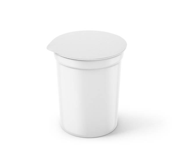 istock White Plastic Yoghurt Jar With Foil Cover container with foil cap for dessert, yogurt, ice cream, sour cream, snack, butter, margarine or cheese, Mock Up Template 3D rendering 3D illustration 2162305100
