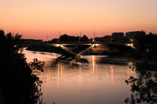 The Santiago Bridge over the Ebro River in Saragossa at night