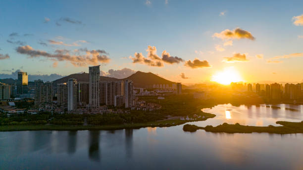 Lakeside city at sunrise