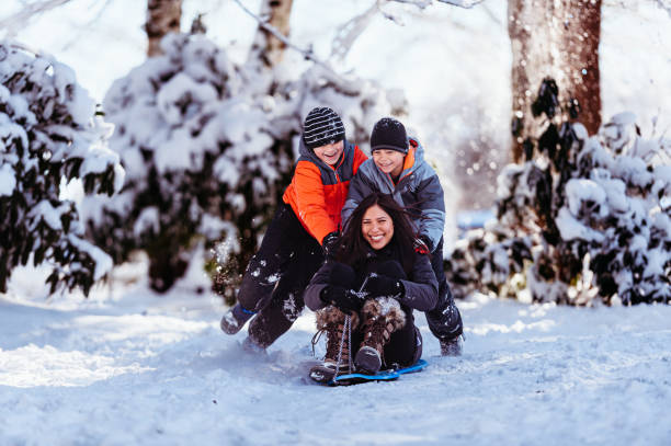 Mother sleds in the snow with young sons