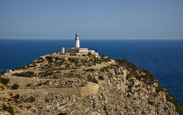 istock Lighthouse on the rocky coastline in Mallorca with blue sky background 2162313463