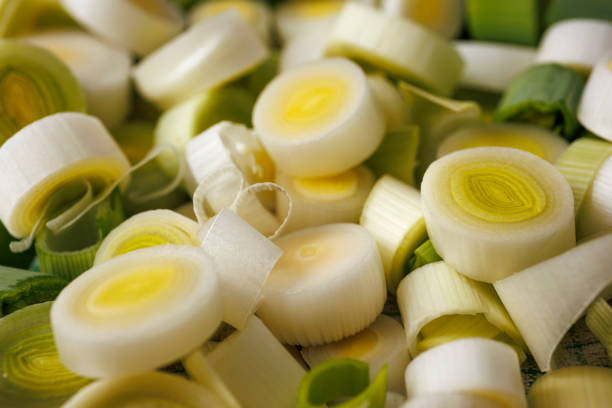 Close-up view of leek slices