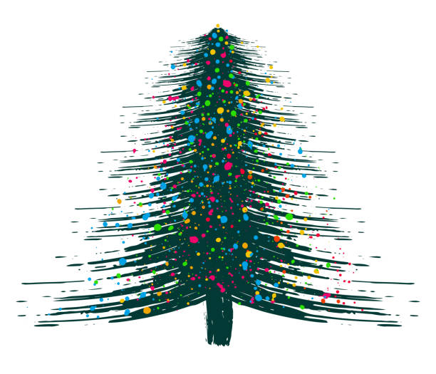 istock Christmas tree, grunge brush drawing art. Beautiful doodle spruce (fir tree) with color paint blots (garland). Vector illustration. 2162315101