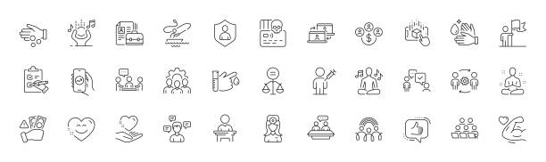 Consulting business, Strong arm and Ethics line icons. For web app, printing. Line icons. Vector Consulting business, Strong arm and Ethics line icons. Pack of Wash hands, Team work, Donation money icon. Fraud, Employees talk, Conversation messages pictogram. Oculist doctor. Line icons. Vector election fraud stock illustrations