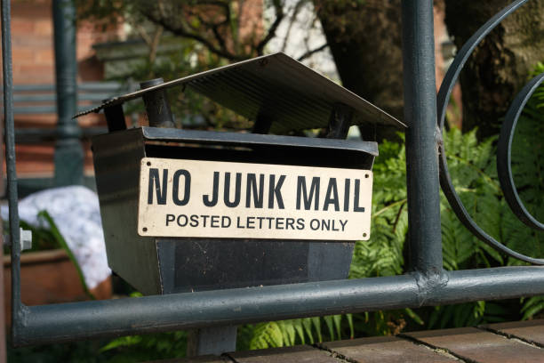 istock Black metal mailbox with no junk mail sign 2162328362