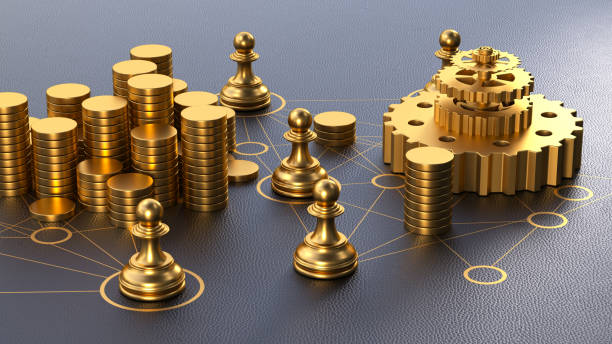 istock Gold Circles Connected by Lines Representing a Communication Network with Economic Symbolism Featuring Gold Stacks, Chess Pawns for Individual Communication, and a Machine Gear for Work Power. 3D Rendering. 2162329681