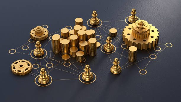 istock Gold Circles Connected by Lines Representing a Communication Network, Featuring Economic Symbolism with Gold Stacks, Chess Pawns for Individual Communication, and a Machine Gear for Work Power. 3D Rendering. 2162329701