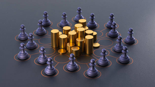 istock Investment Management and Portfolio Diversification Concept. Chess Pawns Connected by Circles and Lines Surrounding a Central Gold Stack. Symbolizes Shared Control of Capital in a Global Business Network. 3D Rendering. 2162329702