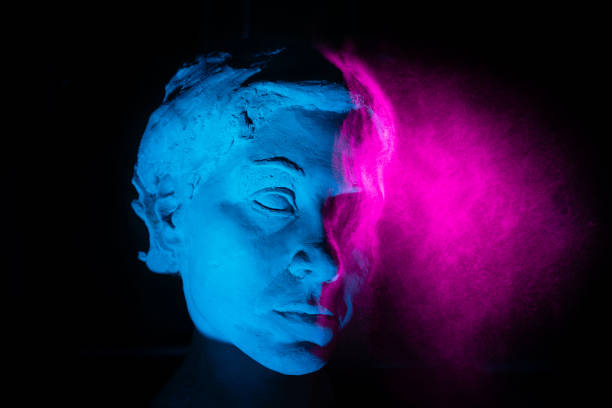 Anthic sculpture in blue and pink color. Artificial intelligence concept.