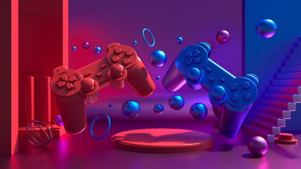 A line of gaming controllers arranged on a table with cables plugged in
