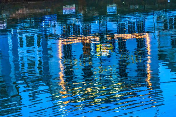 Colorful Evening Illuminated Harbor Marina Water Reflection Abstract Boats Dartmouth Devon England.