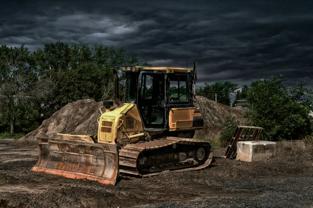 heavy construction equipment left in the forest, overgrown with plants