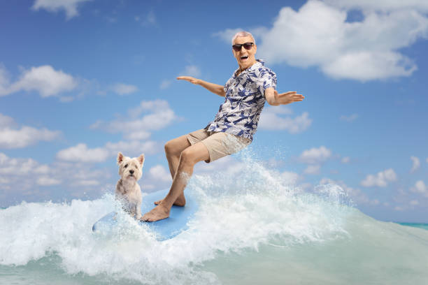 istock Elderly man riding a surfboard in the sea 2162334815