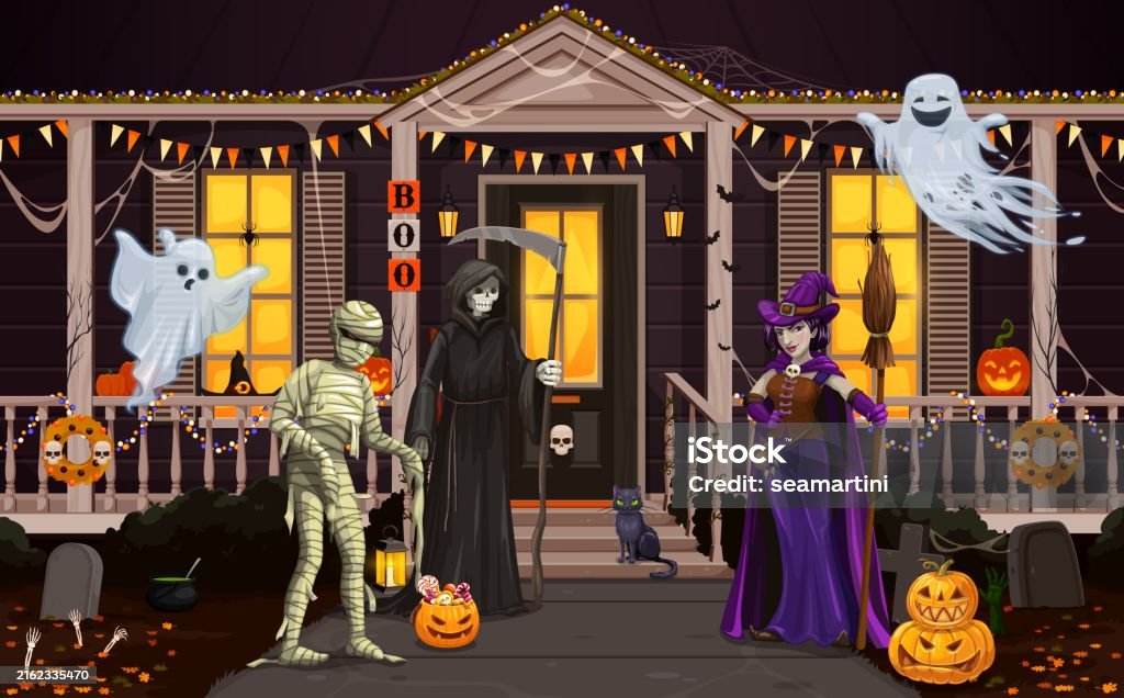 Halloween characters near holiday door porch Halloween characters near holiday door porch. Ghoulish eerie mummy, grim reaper, witch, creepy ghost and black cat haunt a house yard adorned with spooky decor, for a night of frightful festivities Halloween stock vector Halloween characters near holiday door porch Halloween characters near holiday door porch. Ghoulish eerie mummy, grim reaper, witch, creepy ghost and black cat haunt a house yard adorned with spooky decor, for a night of frightful festivities Halloween stock vector