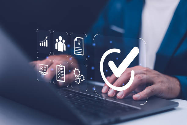 istock Quality management with Quality Assurance or QA and Quality Control or QC and improvement. Standardization, certification concept. Compliance to regulations and standards. Concept with auditor. 2162350183
