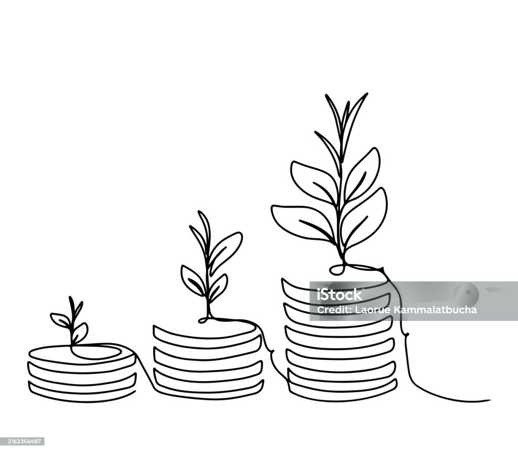 Line Stacking Drawing Continuous Line Drawing Of Coins Stack With Tree Growing Stock ...
