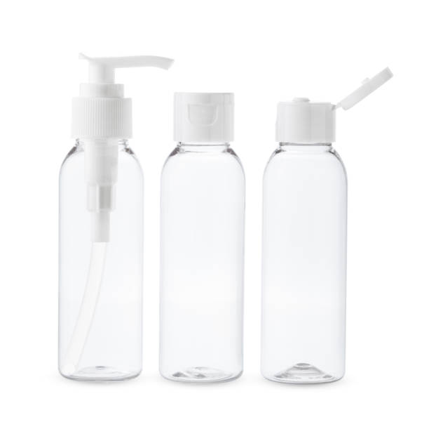 istock Three Clear Plastic Bottles With White Caps and Pumps on a White Background 2162356741