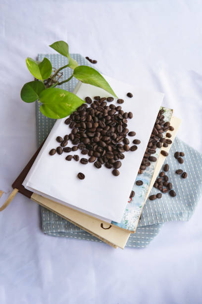 Books and Coffee High Quality Dark Roasted Coffee Beans in Table with Plants Leaf