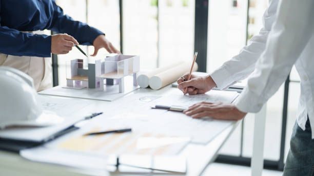 istock Architecture drawing on architectural Creative project business architecture building construction Industrial engineering Achievement Planning Design on blueprint eco Concept 2162359531